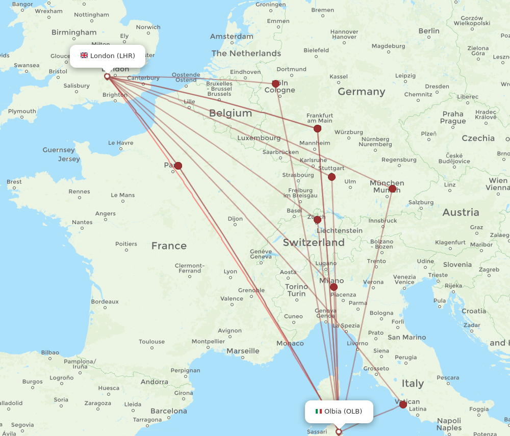 LHR to OLB flights and routes map