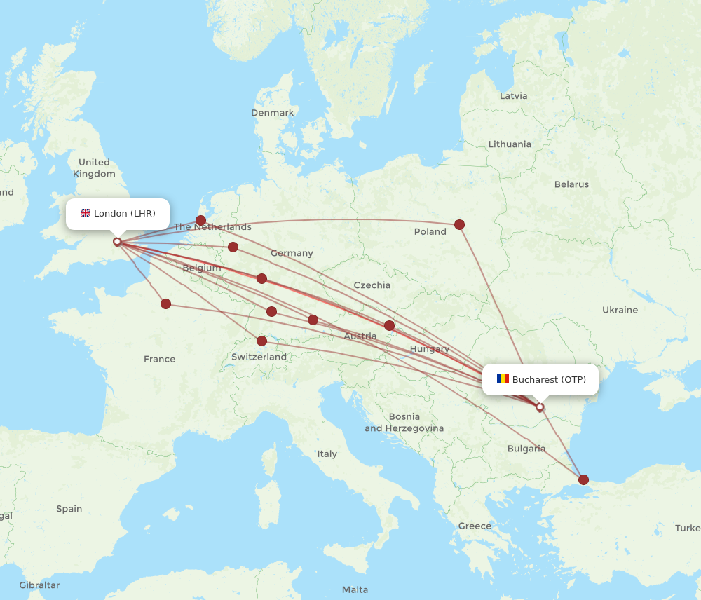 LHR to OTP flights and routes map