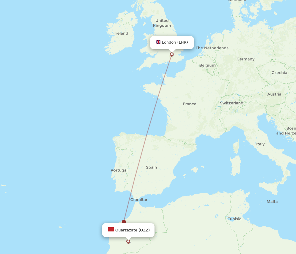 LHR to OZZ flights and routes map
