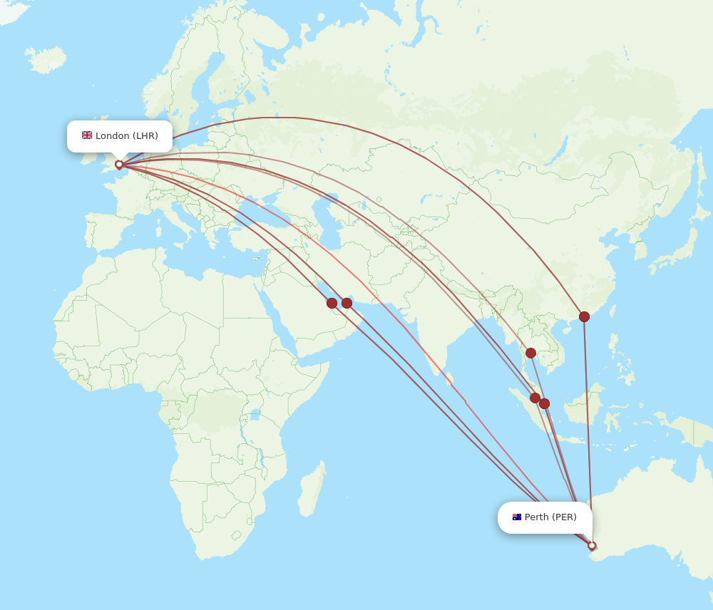 LHR to PER flights and routes map