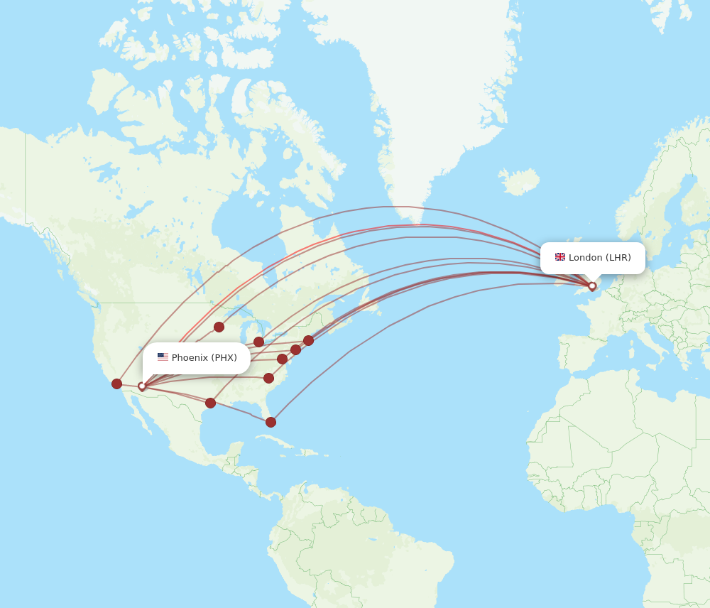 LHR to PHX flights and routes map