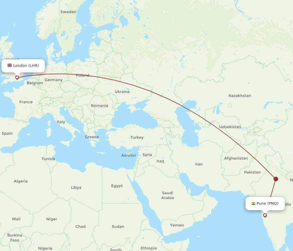 LHR to PNQ flights and routes map