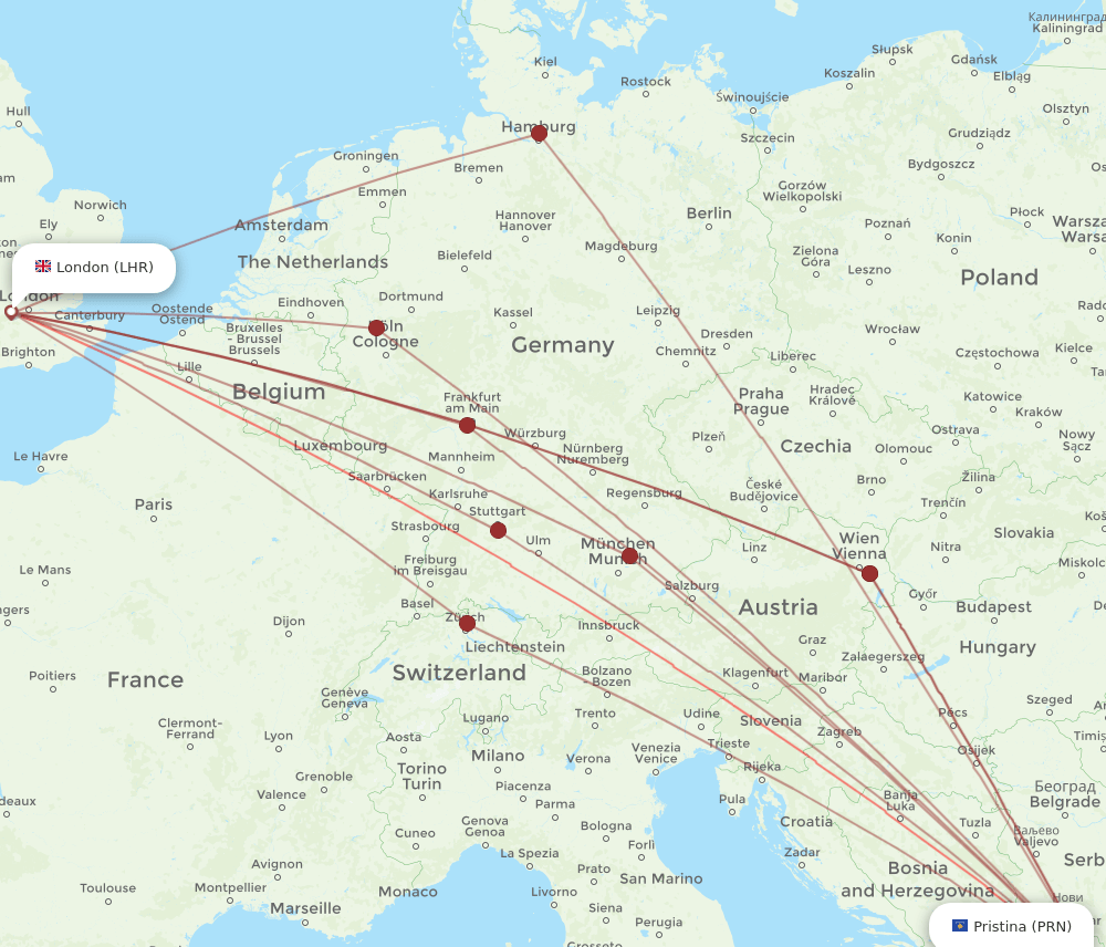 LHR to PRN flights and routes map