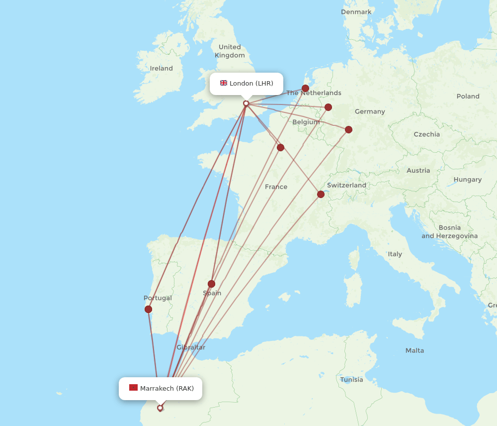LHR to RAK flights and routes map