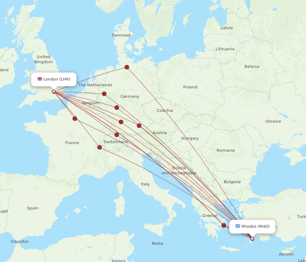 LHR to RHO flights and routes map