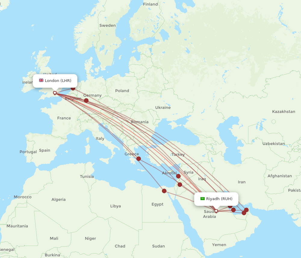 LHR to RUH flights and routes map