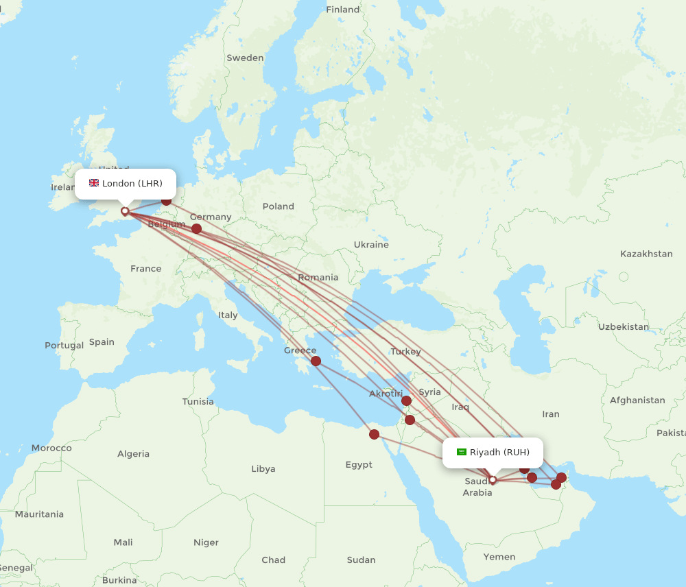 LHR to RUH flights and routes map