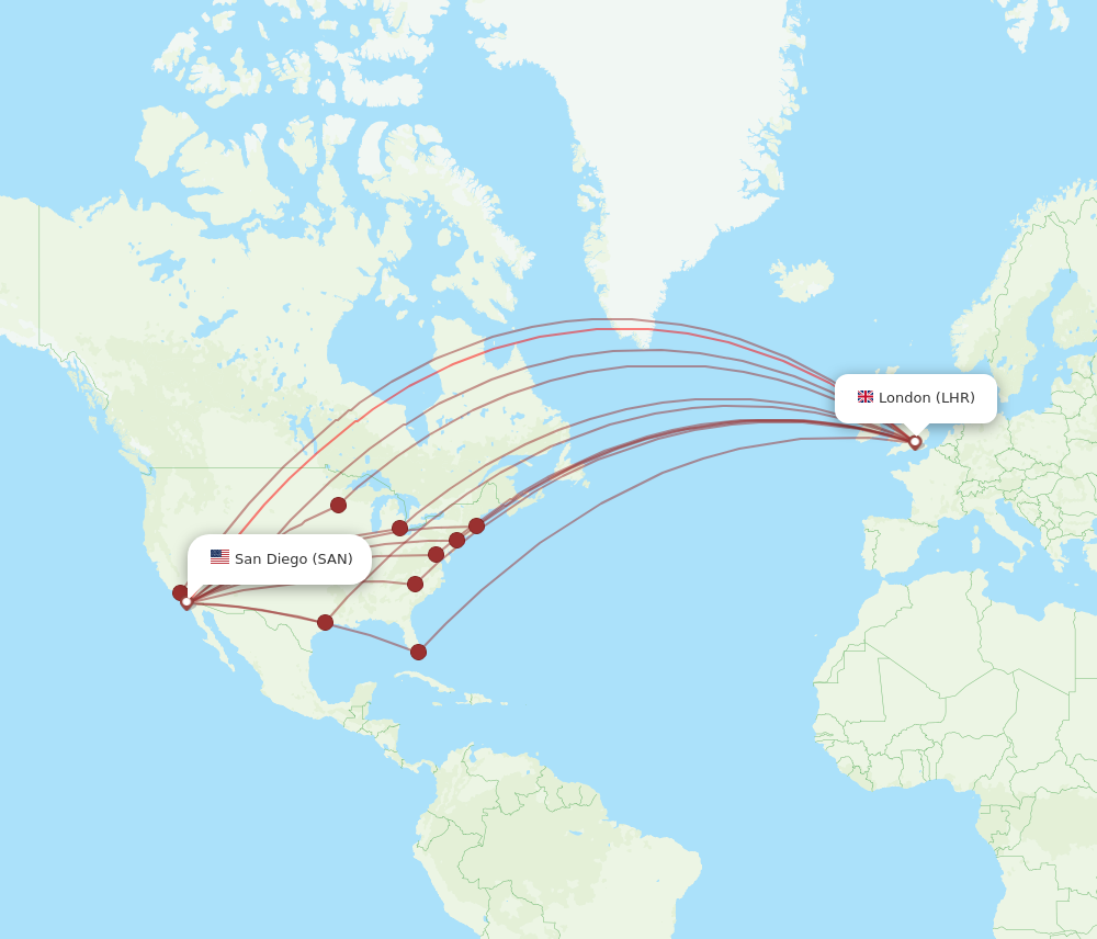 LHR to SAN flights and routes map