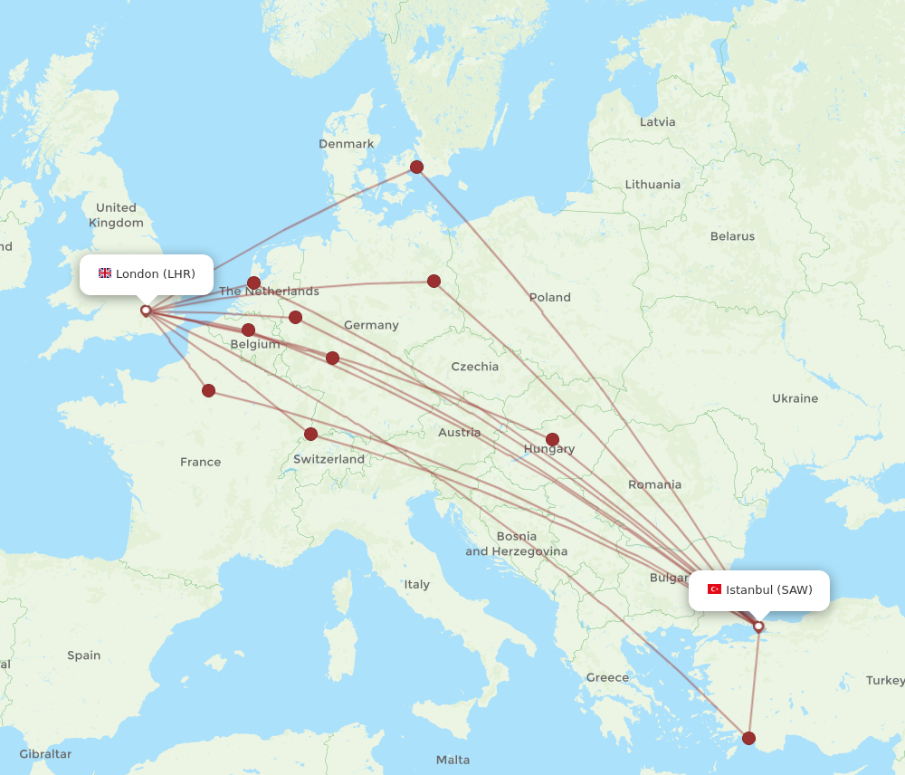 LHR to SAW flights and routes map