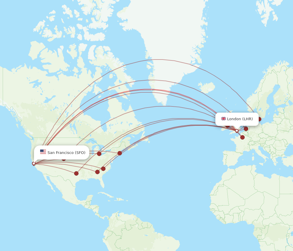 LHR to SFO flights and routes map