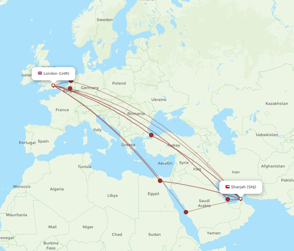 LHR to SHJ flights and routes map