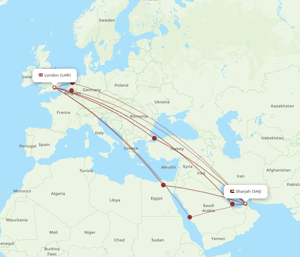 LHR to SHJ flights and routes map