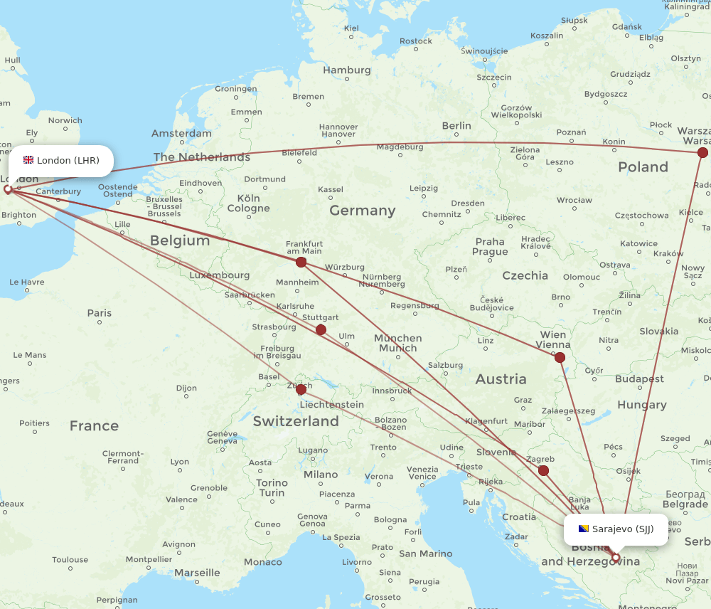 LHR to SJJ flights and routes map