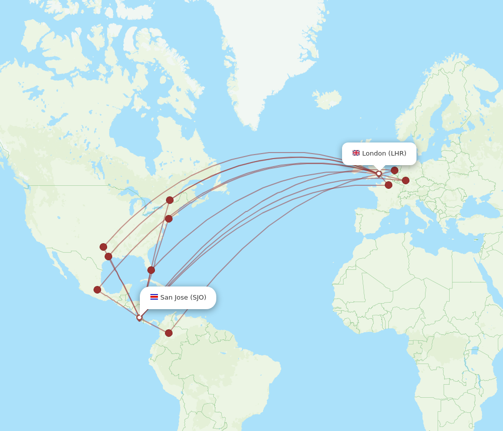 LHR to SJO flights and routes map