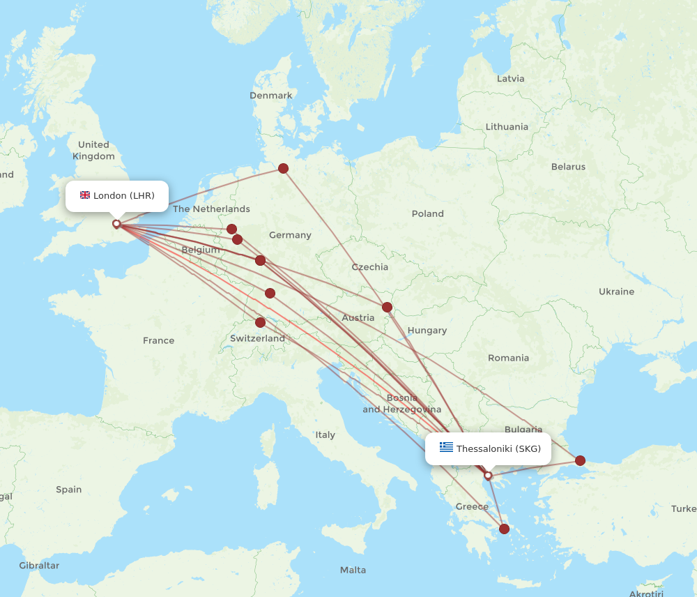 LHR to SKG flights and routes map