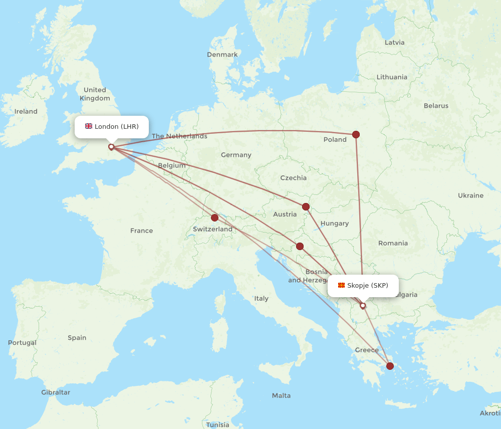 LHR to SKP flights and routes map