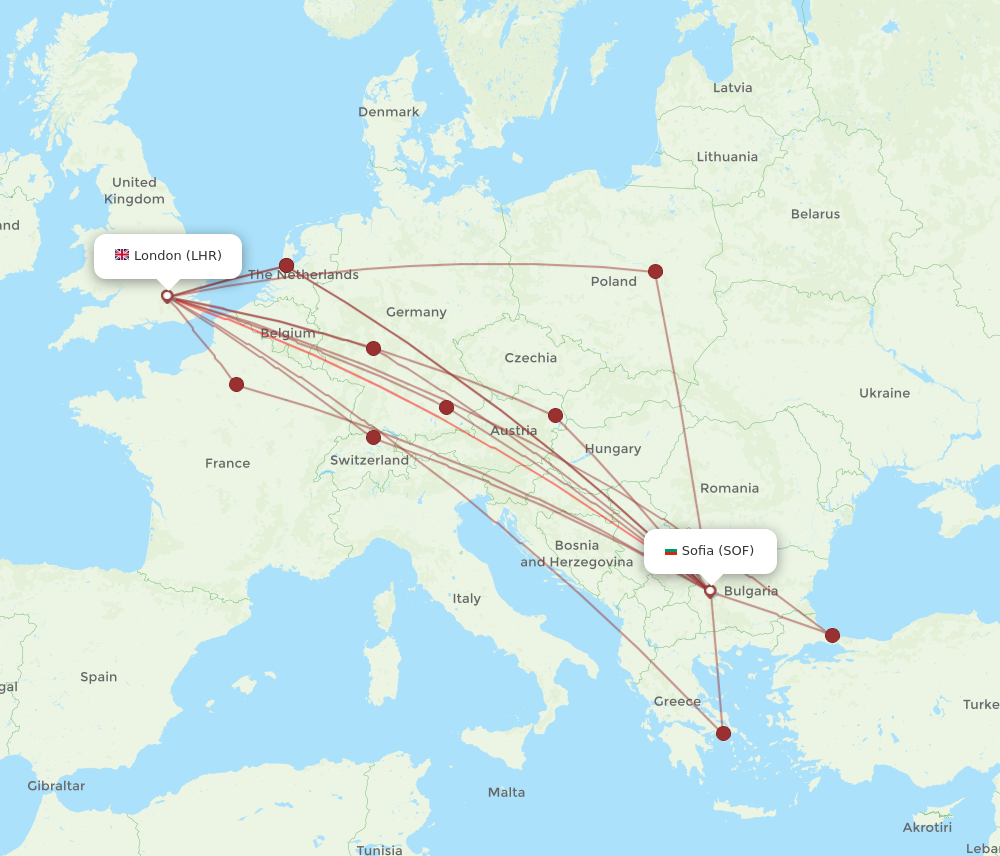 LHR to SOF flights and routes map