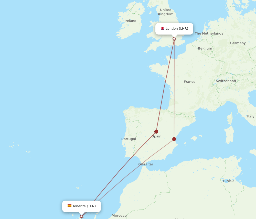 LHR to TFN flights and routes map