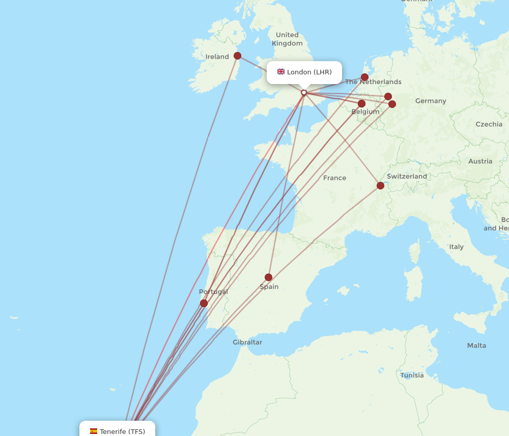 LHR to TFS flights and routes map