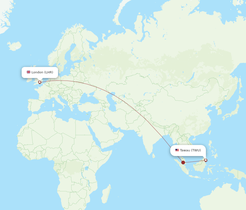 London - Tawau route map and flight paths
