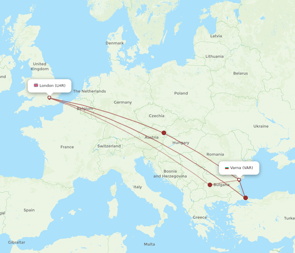 LHR to VAR flights and routes map
