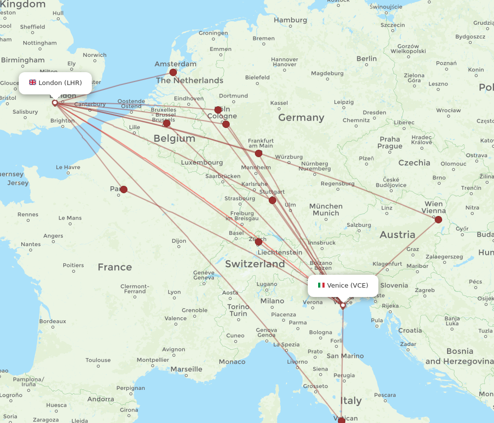 LHR to VCE flights and routes map