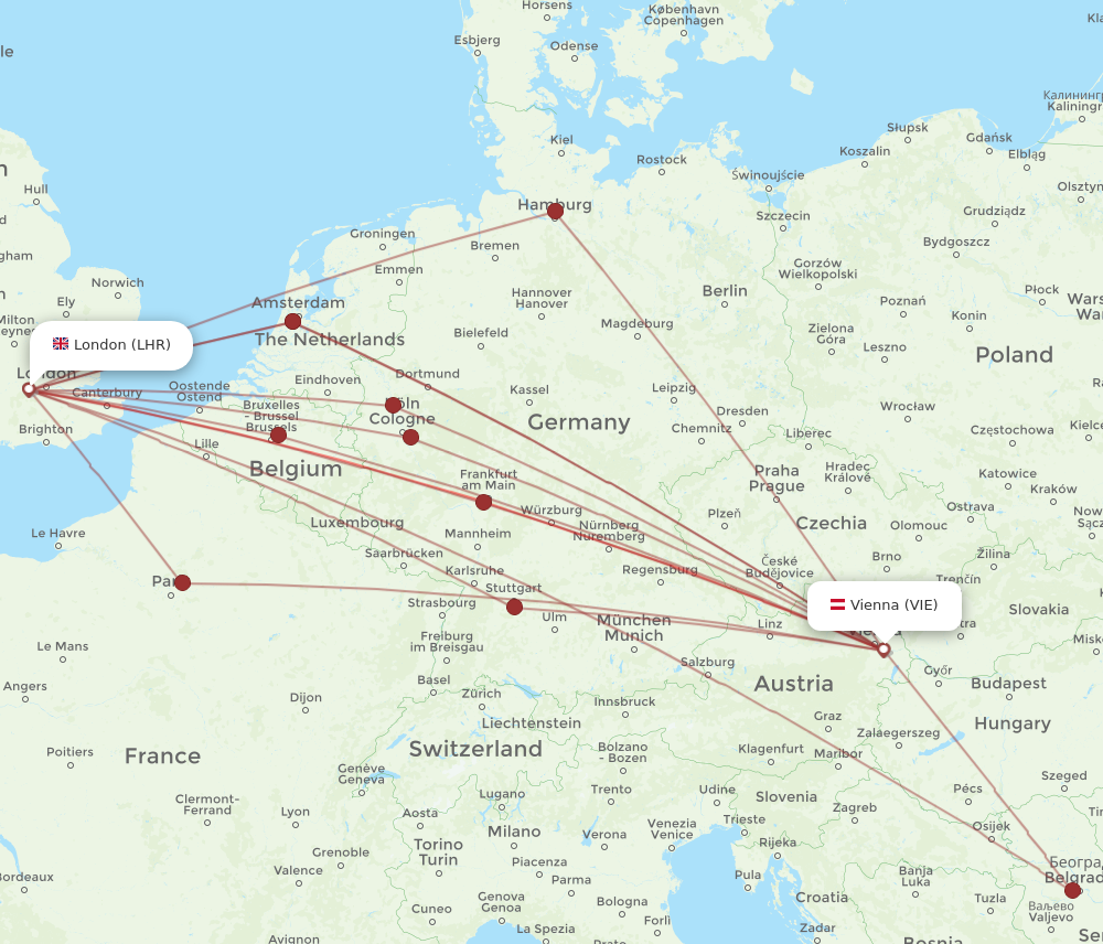 LHR to VIE flights and routes map