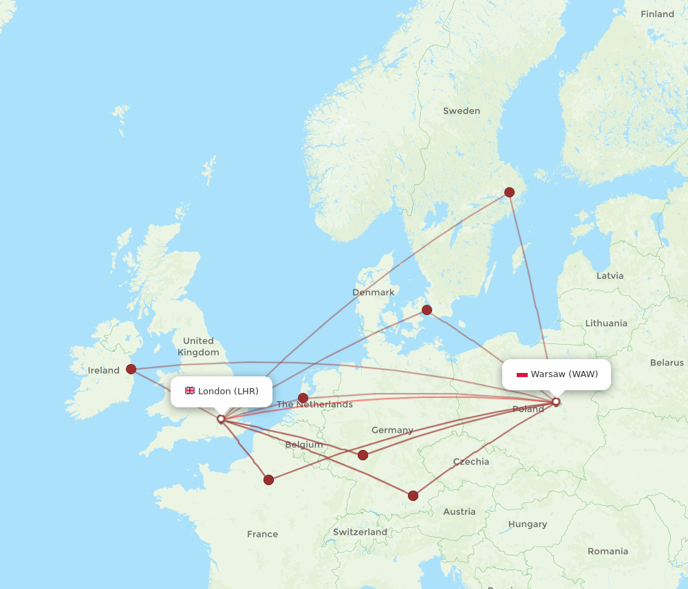 LHR to WAW flights and routes map