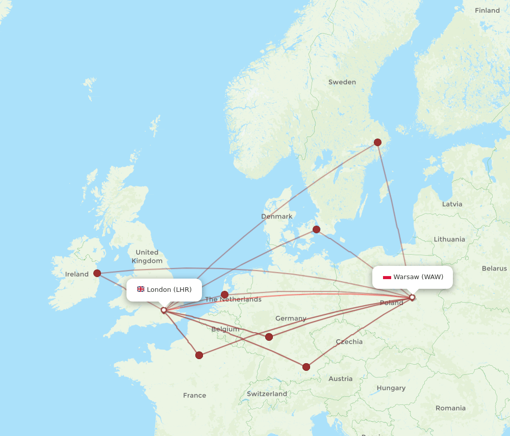 LHR to WAW flights and routes map