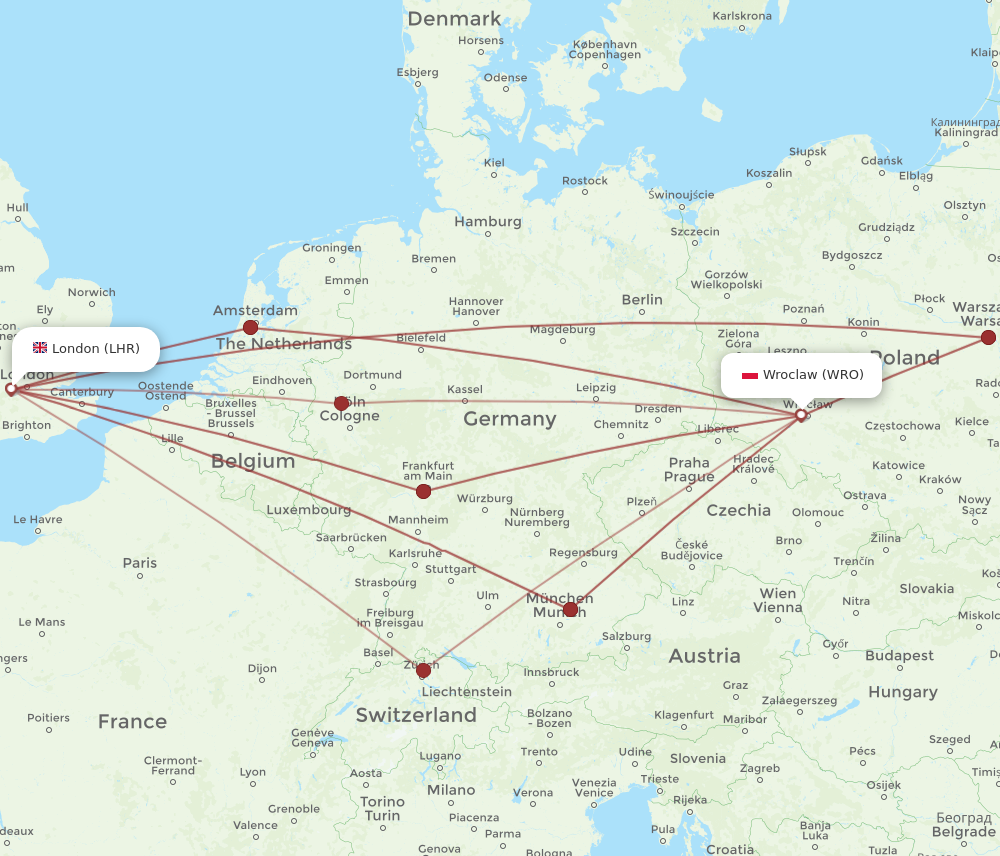 LHR to WRO flights and routes map
