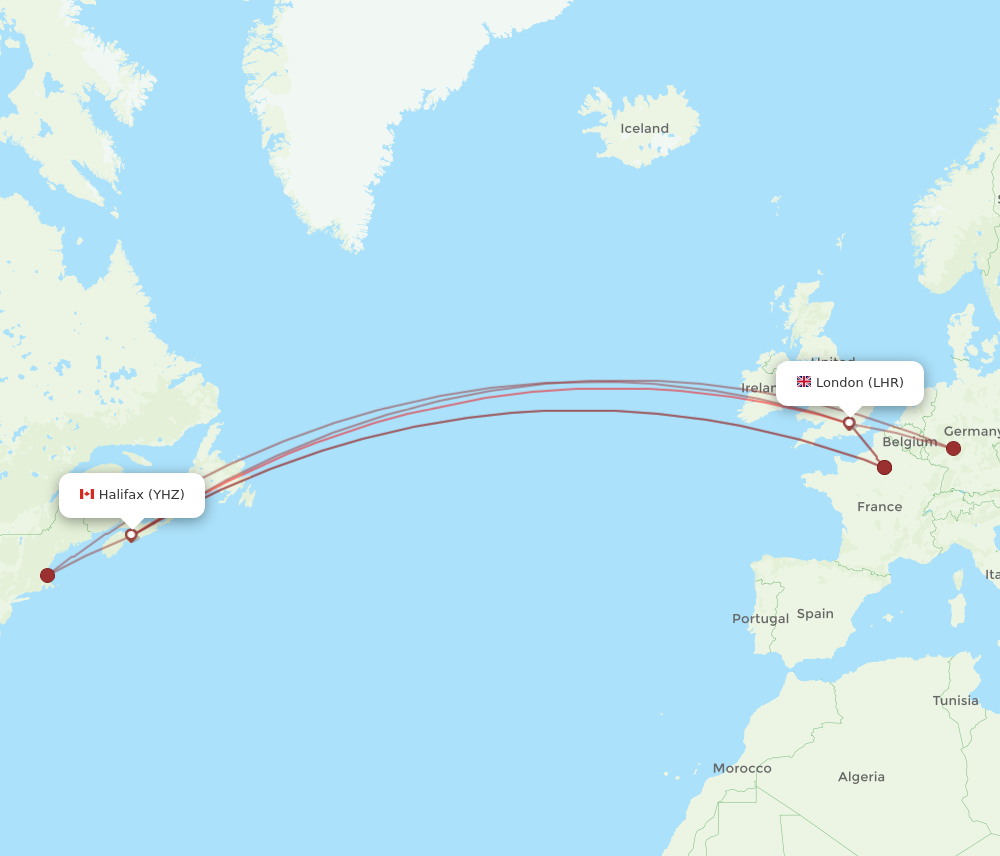 LHR to YHZ flights and routes map