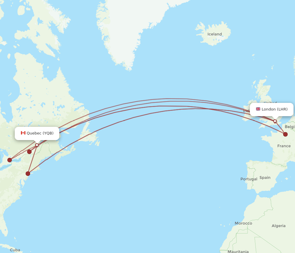 LHR to YQB flights and routes map