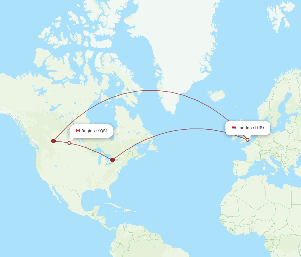 LHR to YQR flights and routes map