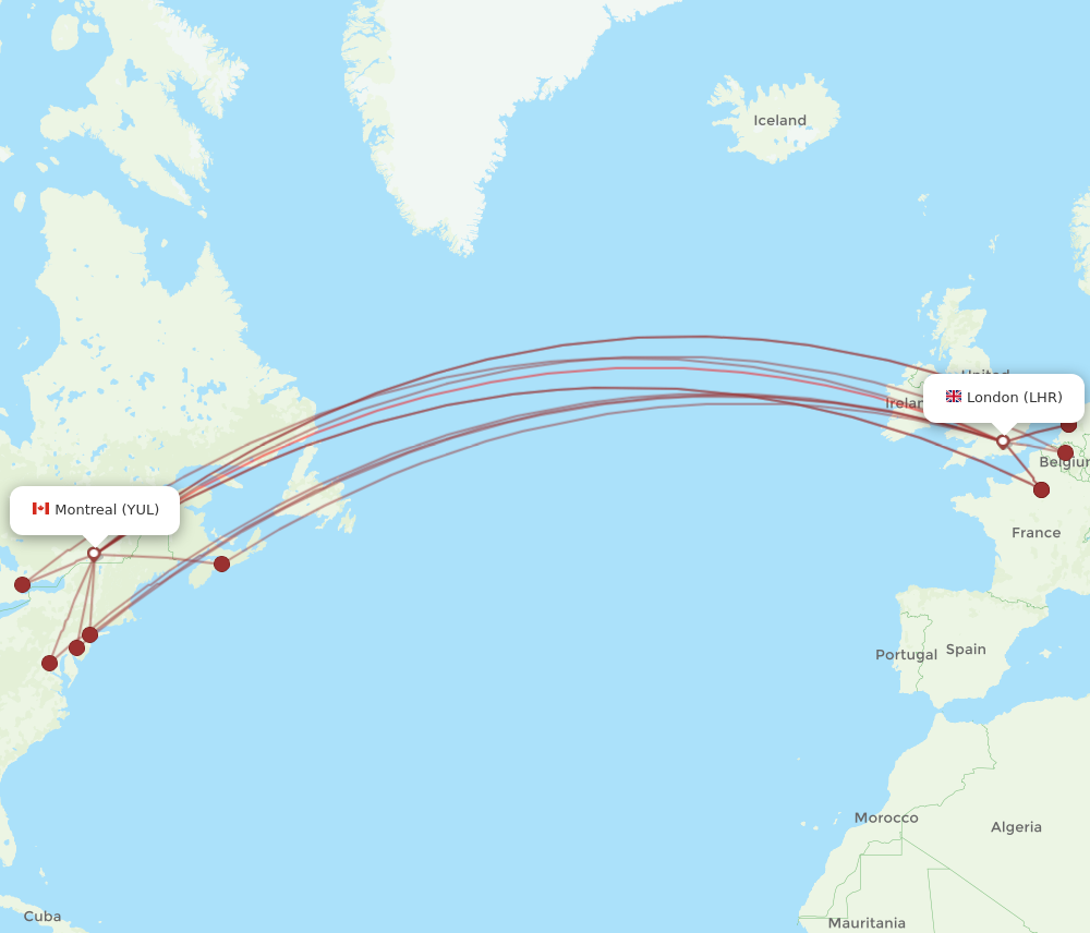 LHR to YUL flights and routes map