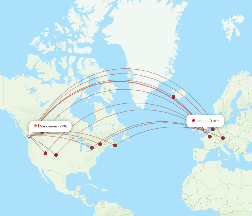 LHR to YVR flights and routes map