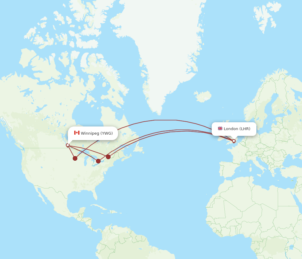 YWG to LHR flights and routes map