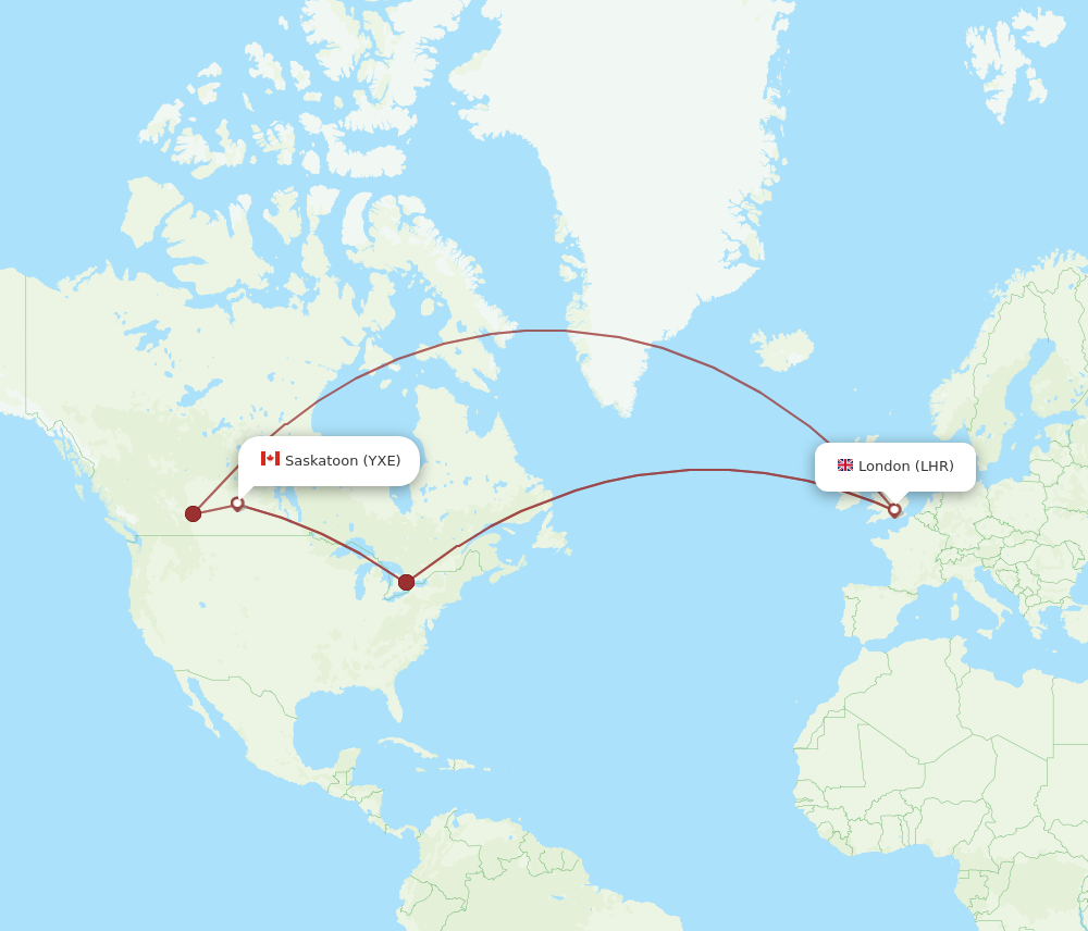 LHR to YXE flights and routes map