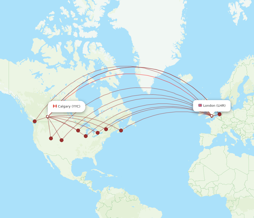 LHR to YYC flights and routes map