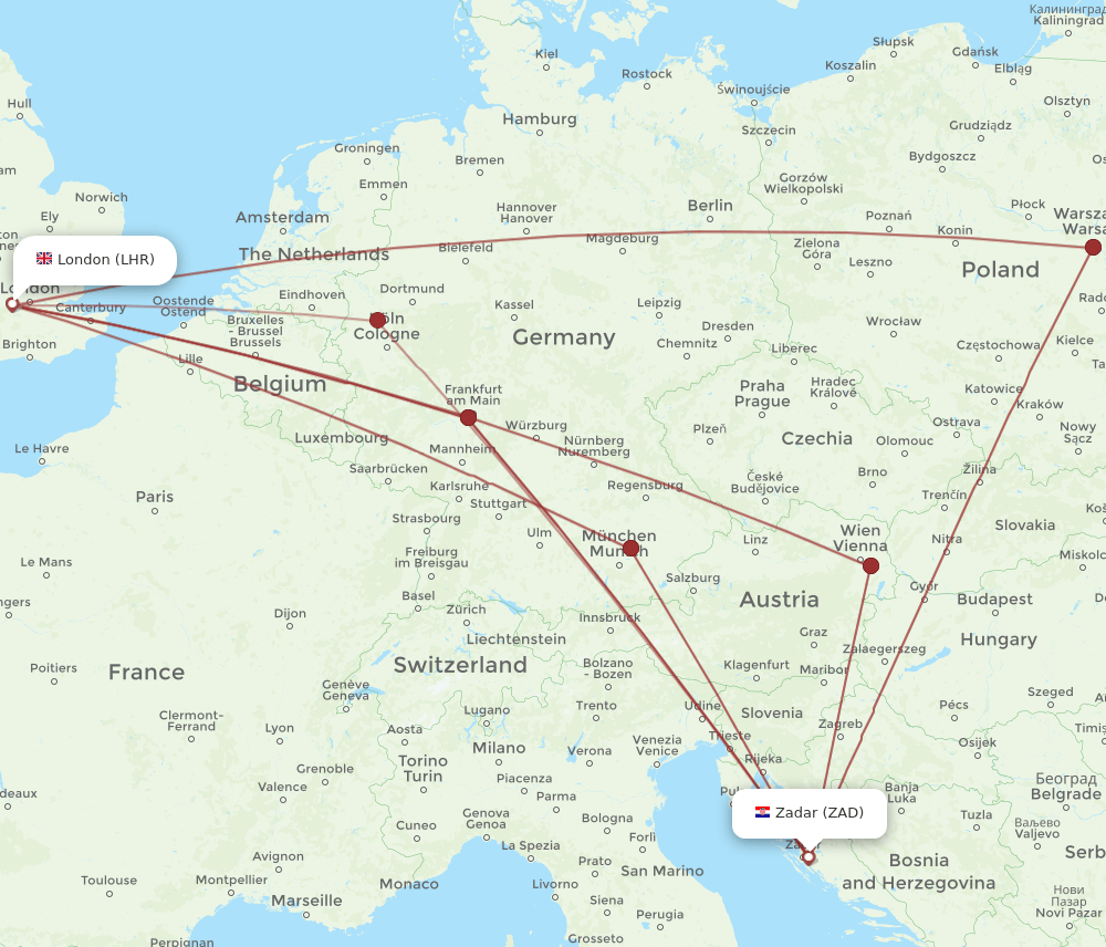 ZAD to LHR flights and routes map