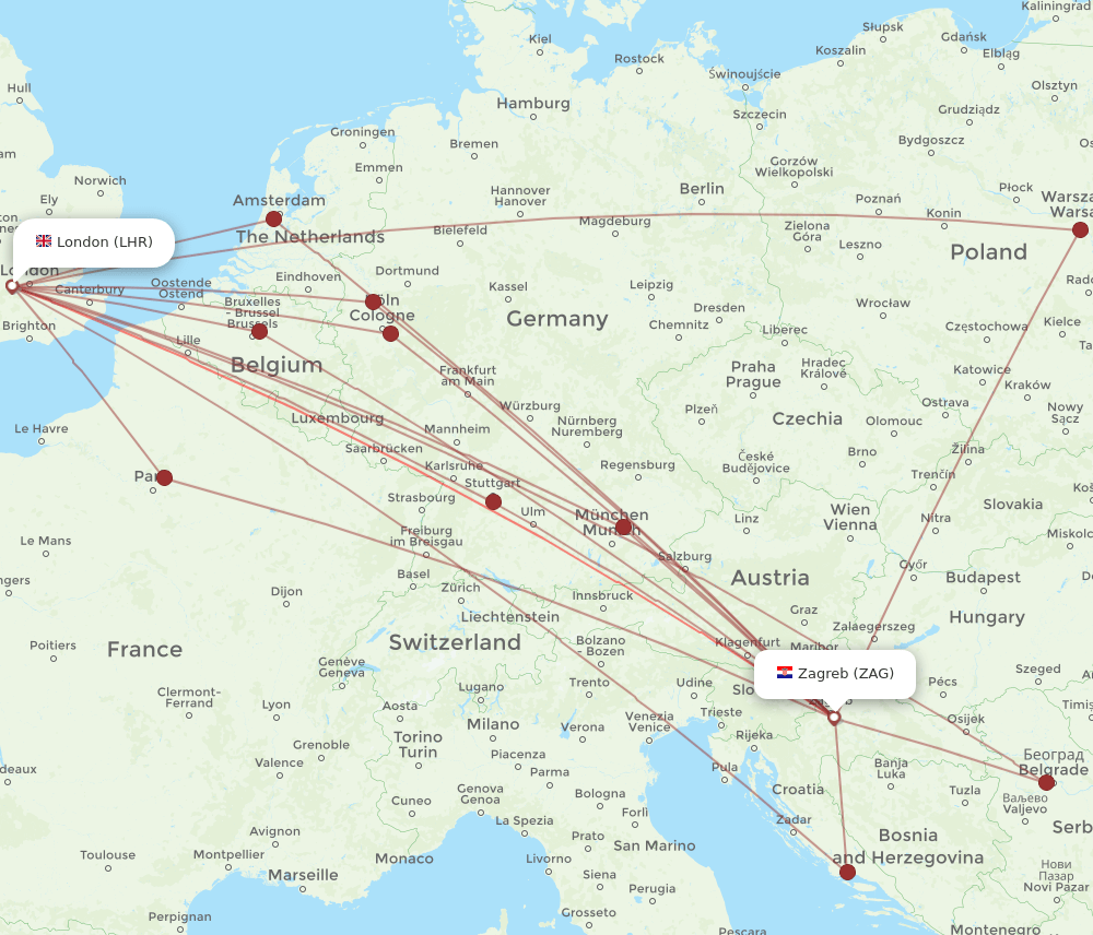 LHR-ZAG flight routes