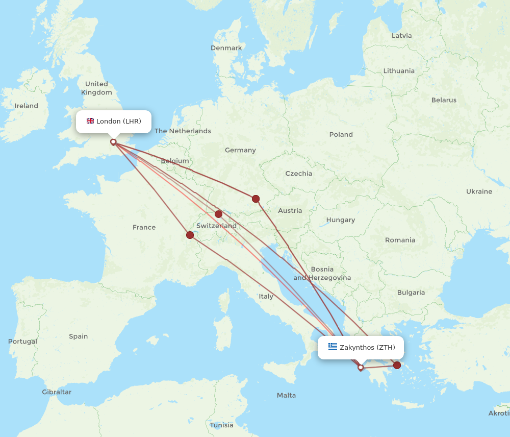 LHR to ZTH flights and routes map
