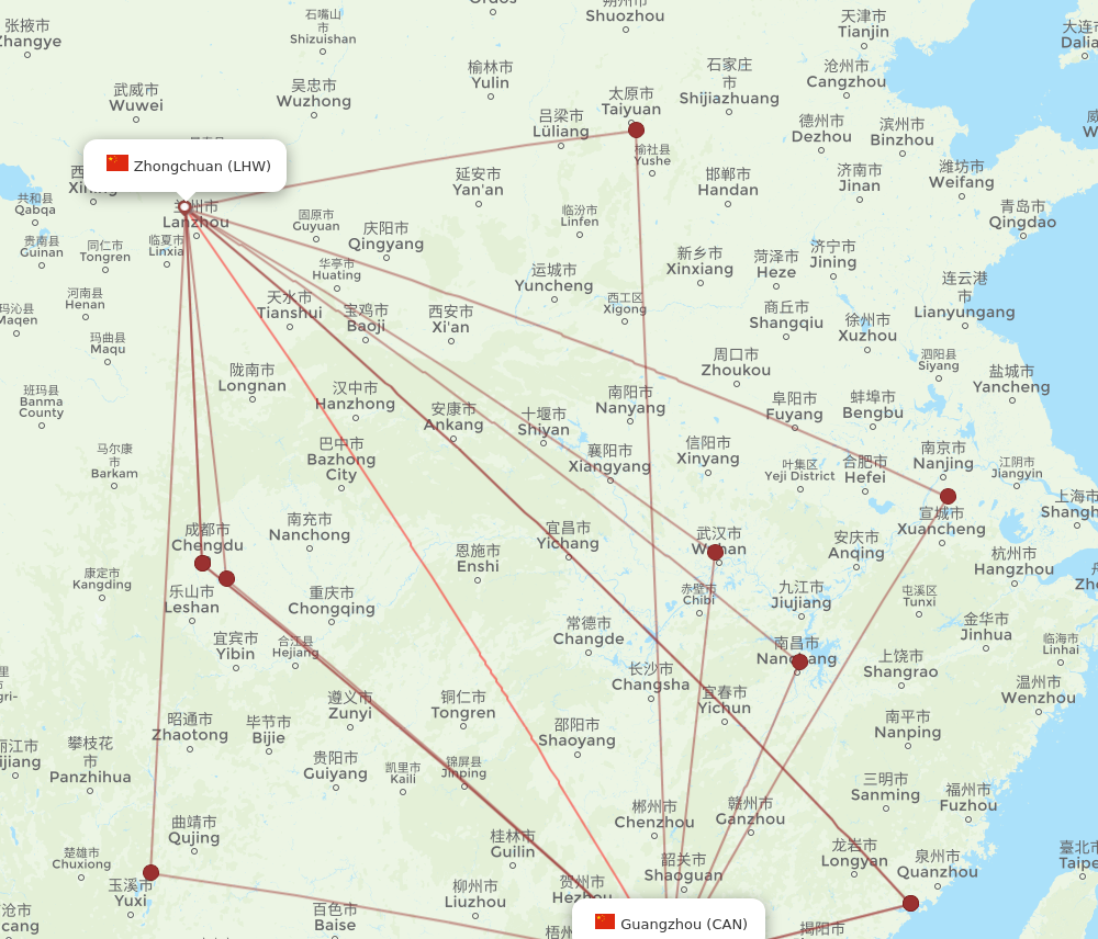 LHW to CAN flights and routes map