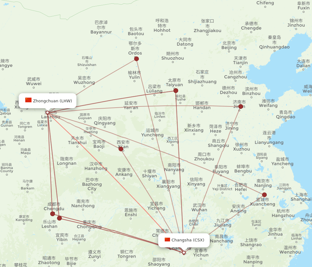 LHW-CSX flight routes