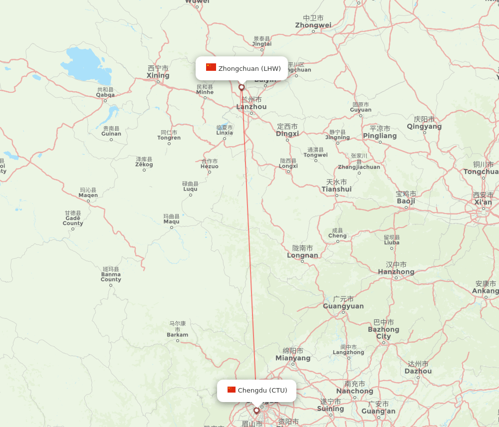 Lanzhou - Chengdu route map and flight paths
