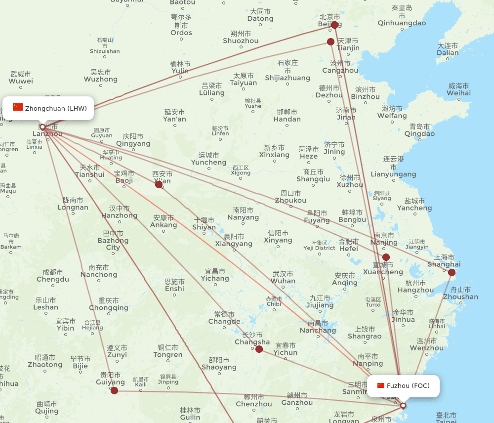 LHW-FOC flight routes