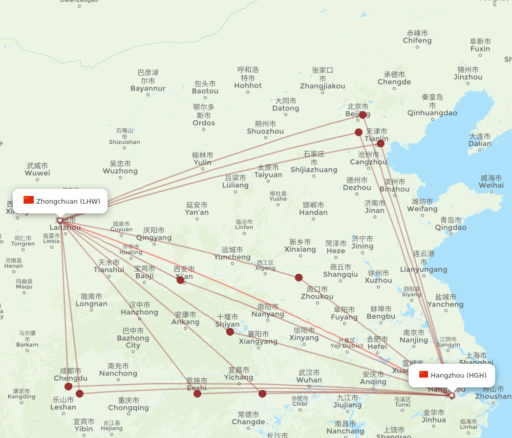 LHW to HGH flights and routes map