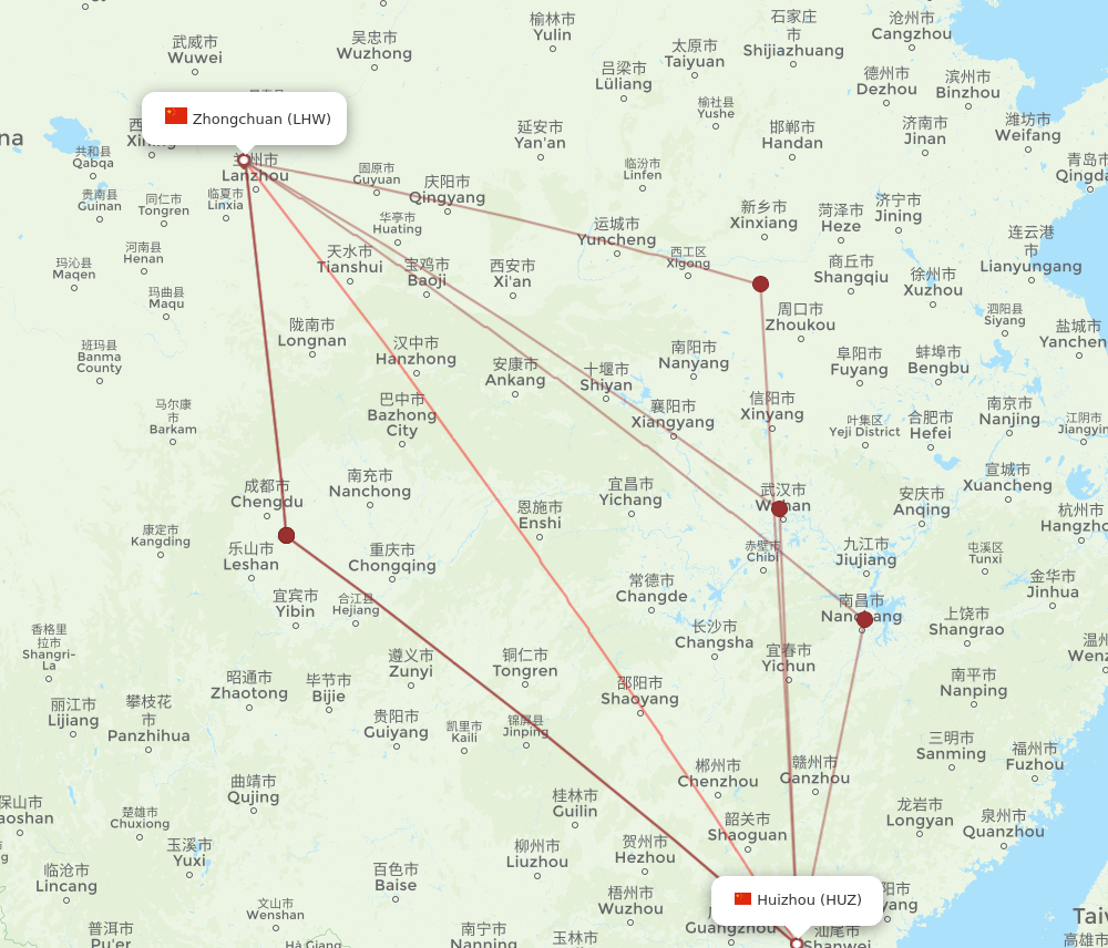 LHW to HUZ flights and routes map