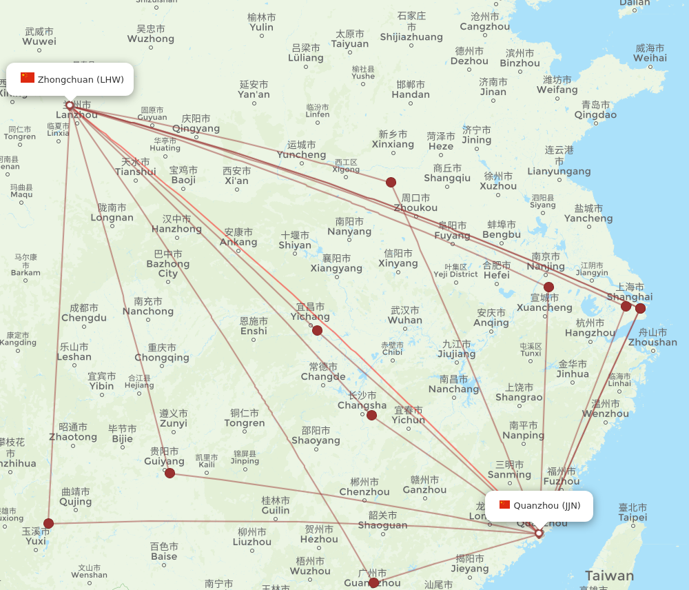 LHW to JJN flights and routes map