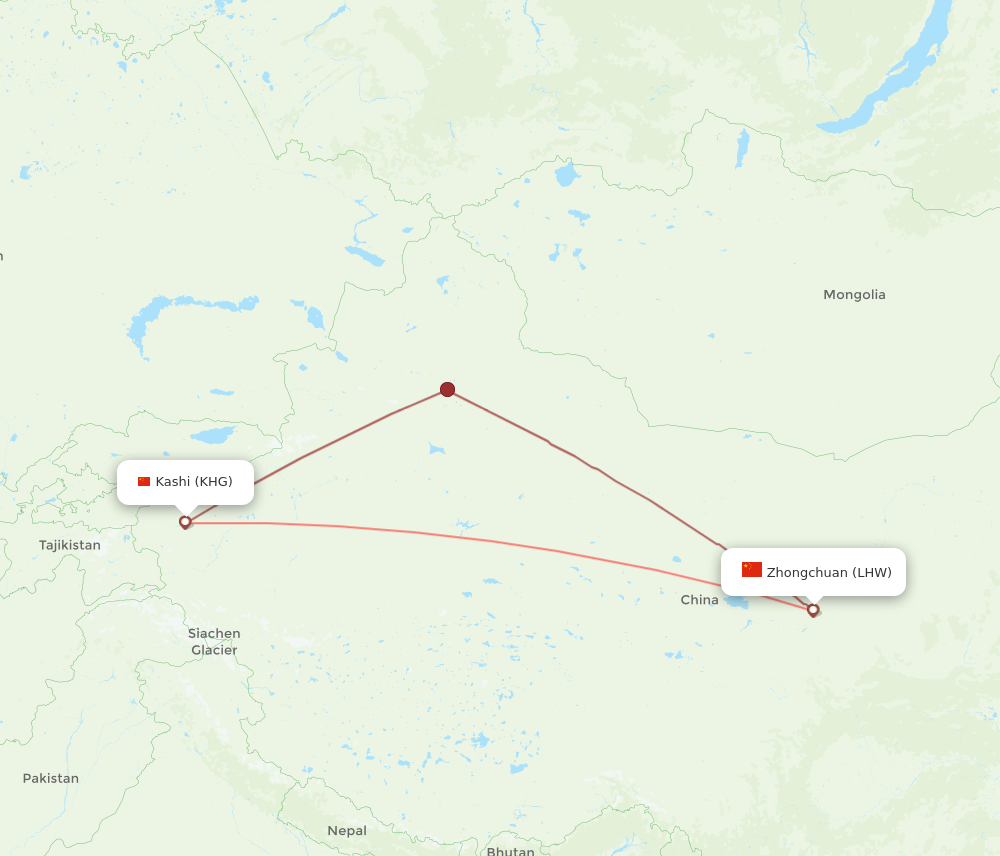 LHW to KHG flights and routes map