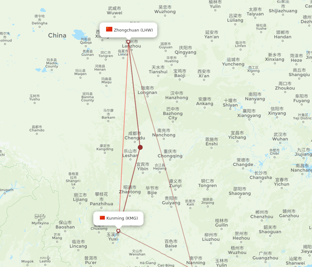 LHW-KMG flight routes